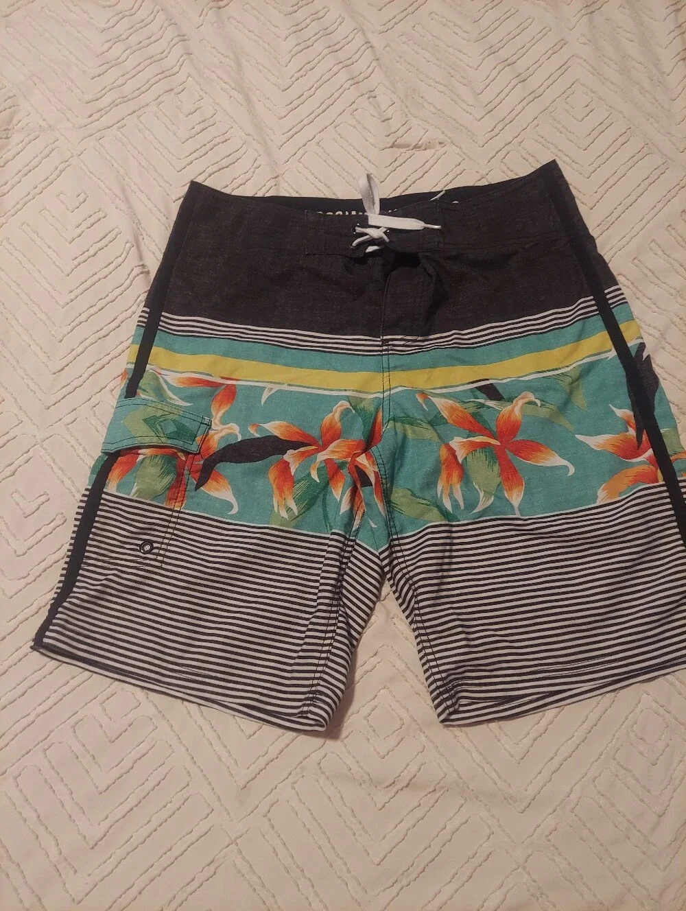 Mossimo Supply Co Mens Board Shorts Size 34 Floral Striped Swim Trunks Teal Oran